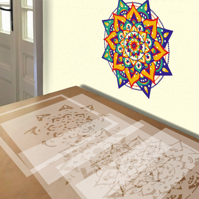 Simulated painting of stencil of Mandala in Yellow and Blue