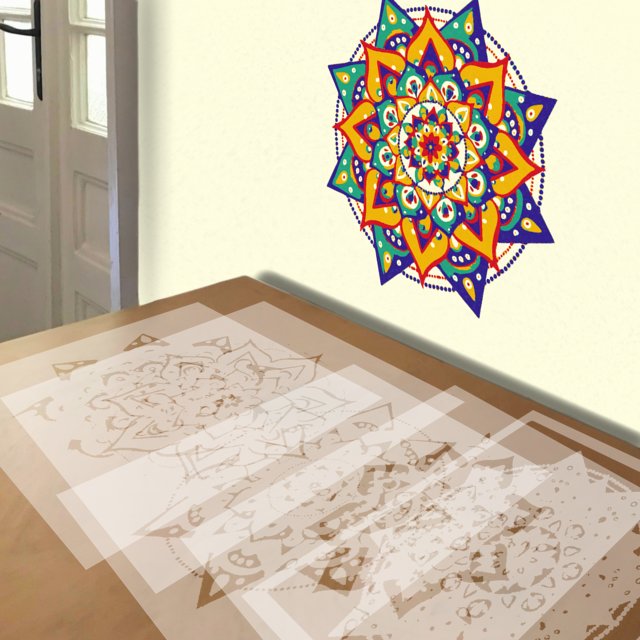 Mandala in Yellow and Blue stencil in 5 layers, simulated painting