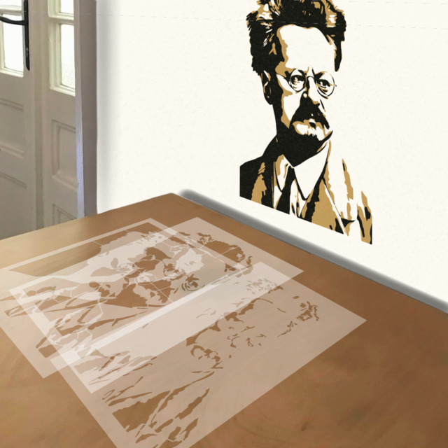 Leon Trotsky stencil in 3 layers, simulated painting