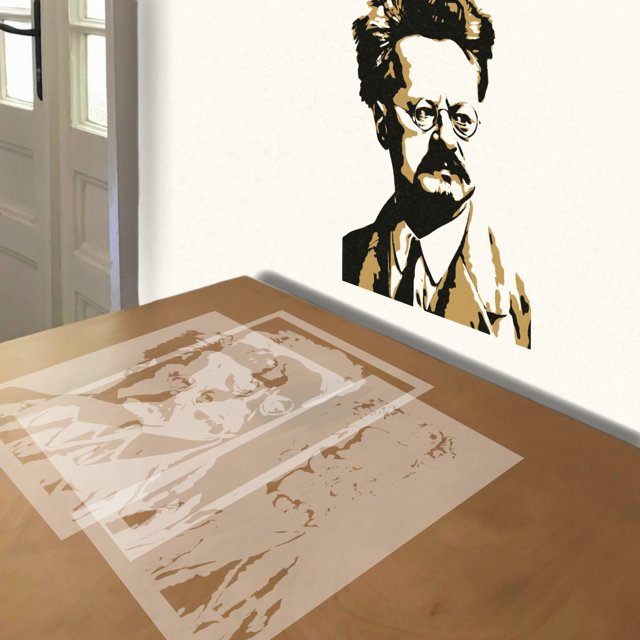 Leon Trotsky stencil in 3 layers, simulated painting