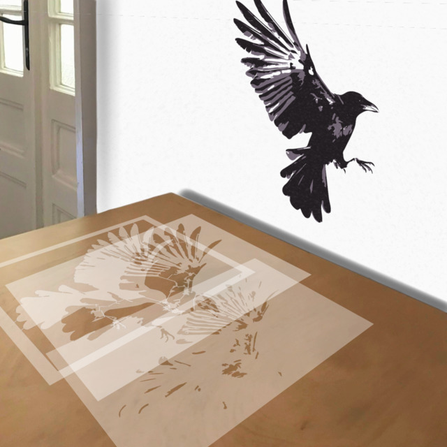 Raven stencil in 3 layers, simulated painting