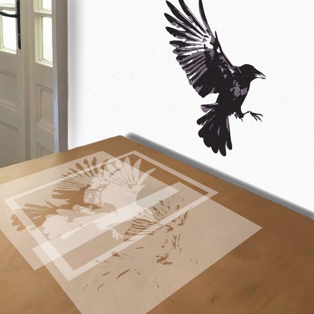 Raven stencil in 3 layers, simulated painting