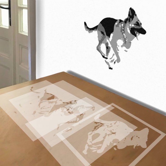 German Shepherd Running stencil in 4 layers, simulated painting