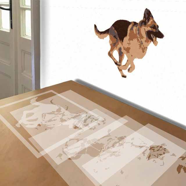 German Shepherd Running stencil in 5 layers, simulated painting