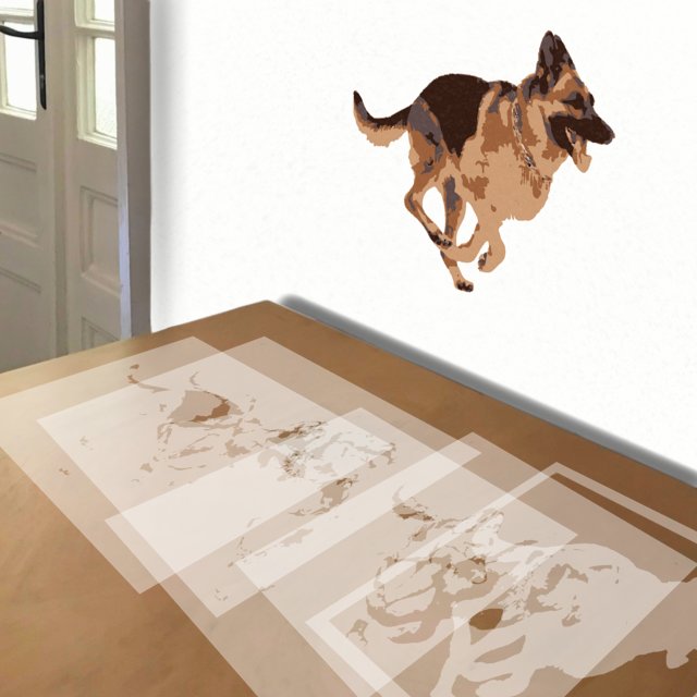 German Shepherd Running stencil in 5 layers, simulated painting