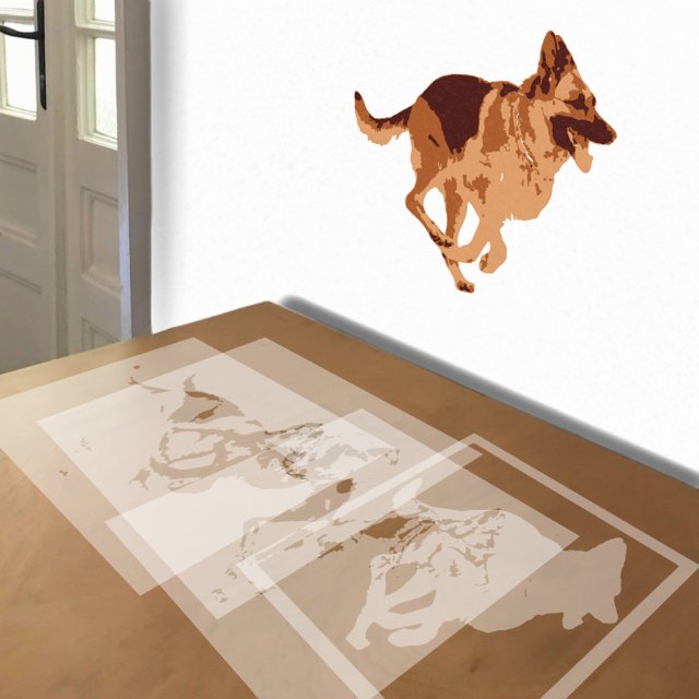 German Shepherd Running stencil in 4 layers, simulated painting