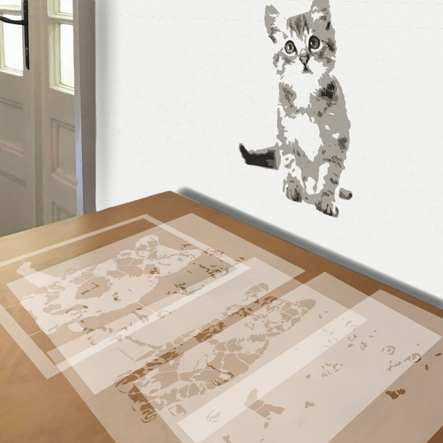 Curious Kitten stencil in 5 layers, simulated painting