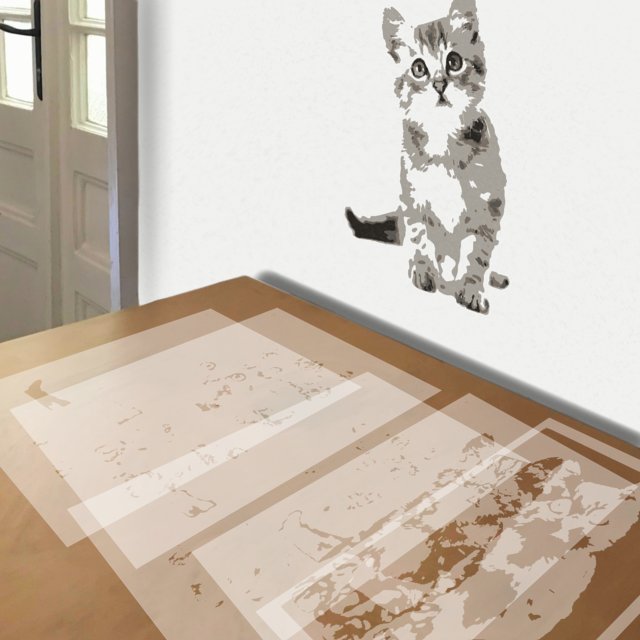 Curious Kitten stencil in 5 layers, simulated painting