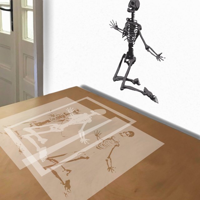 Skeleton Kneeling stencil in 3 layers, simulated painting