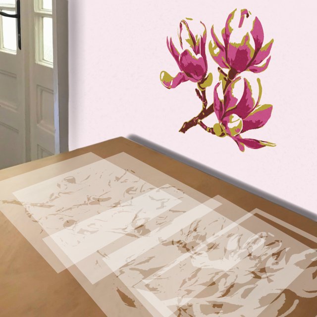 Pink Magnolia stencil in 5 layers, simulated painting