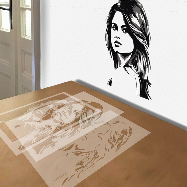 Selena Gomez stencil in 3 layers, simulated painting