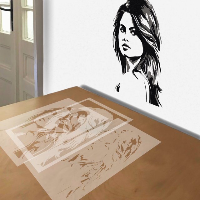 Selena Gomez stencil in 3 layers, simulated painting