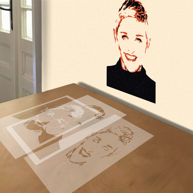 Ellen DeGeneres stencil in 3 layers, simulated painting