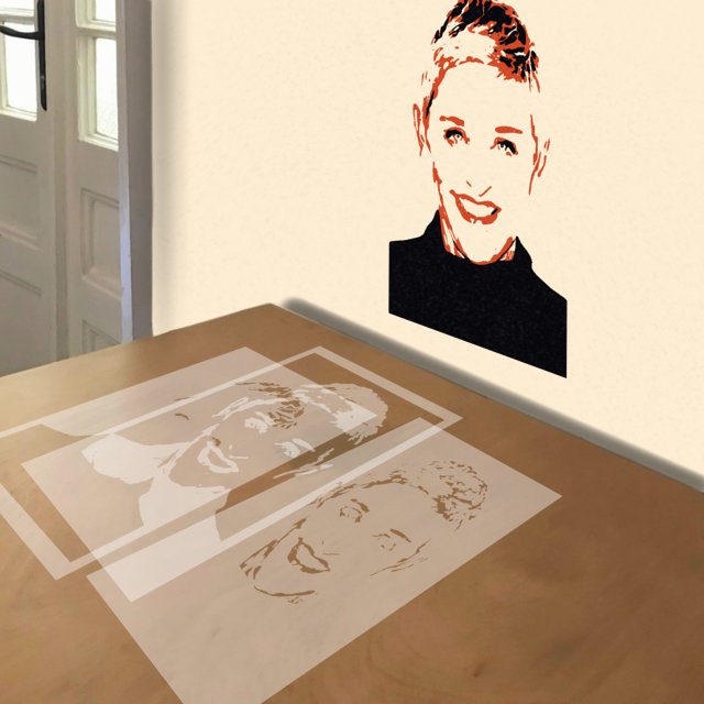 Ellen DeGeneres stencil in 3 layers, simulated painting