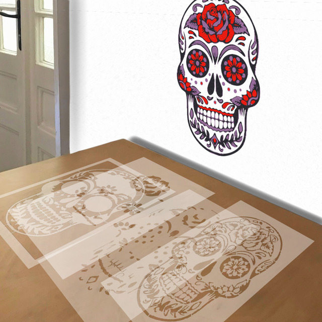 Sugar Skull stencil in 4 layers, simulated painting