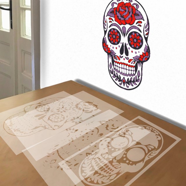 Sugar Skull stencil in 4 layers, simulated painting