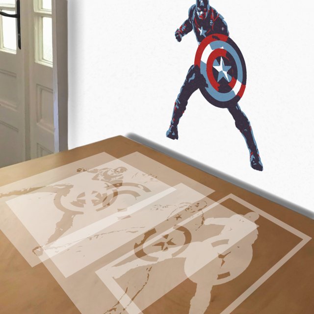 Captain America stencil in 4 layers, simulated painting