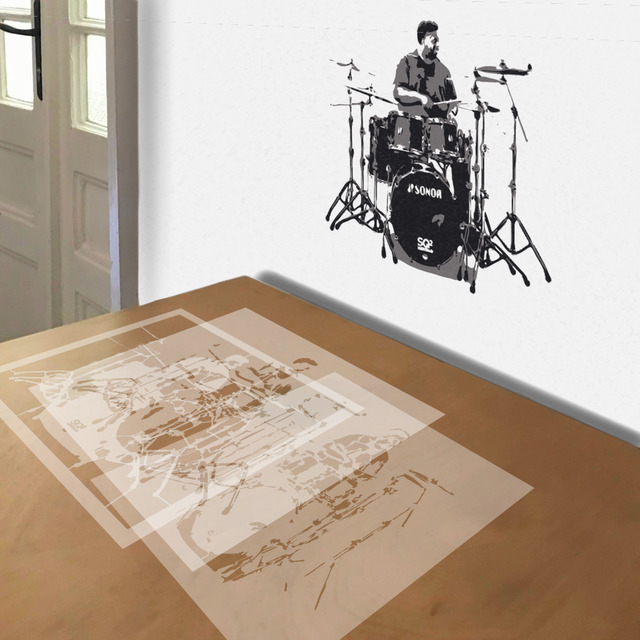 Drummer stencil in 3 layers, simulated painting