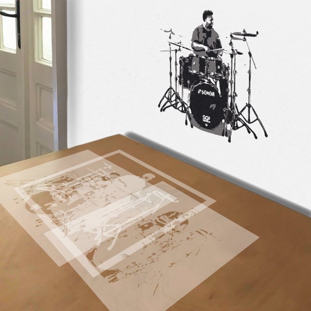 Drummer stencil in 3 layers, simulated painting