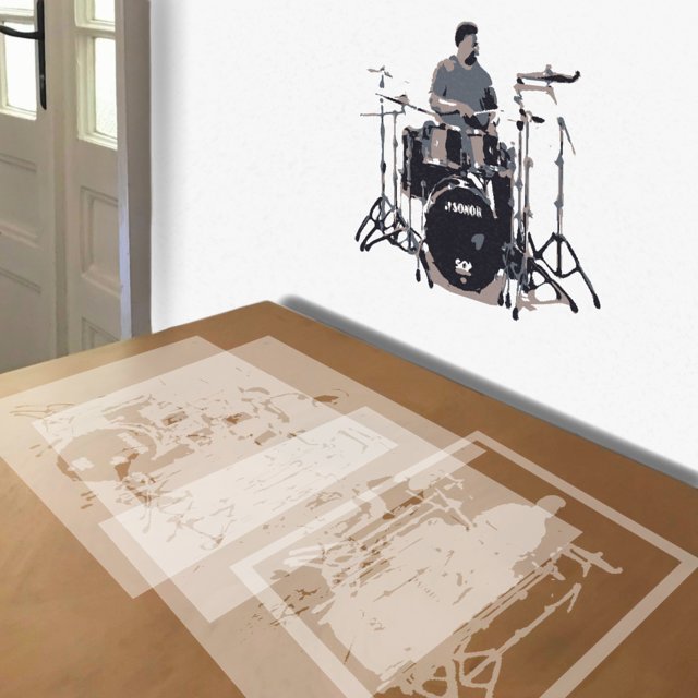 Drummer stencil in 4 layers, simulated painting