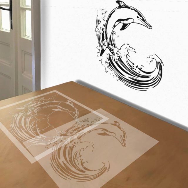 Dolphin in Waves stencil in 2 layers, simulated painting