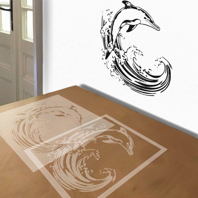 Dolphin in Waves stencil in 2 layers, simulated painting